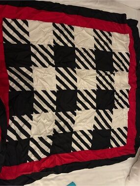Graphic Black & White Checker Satin Scarf with Red Border